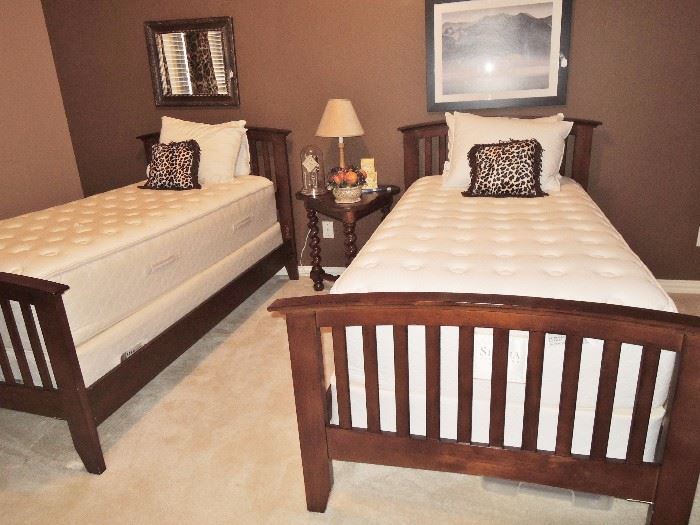 Bedroom Twin bedroom set with deep, thick, newer mattresses.  Mission style.  Barley twist side table