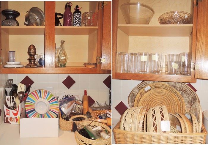 Kitchen supplies: glassware, dish sets, quality baskets