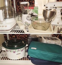 Kitchen Small Appliances: crock pots, KitchenAid Stand Mixer and chopper with extra blades.  Pyrex glass in many shapes and sizes. Blender, hand mixer, toasters