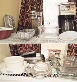 coffee makers, Pyrex. Baking pans and tins. Casseroles and Corning Ware