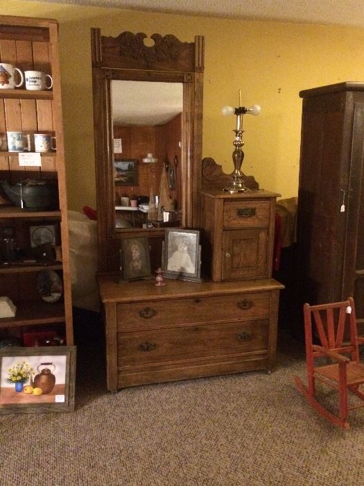 Antique Oak Dresser w/ Hat Box and Dressing Mirror