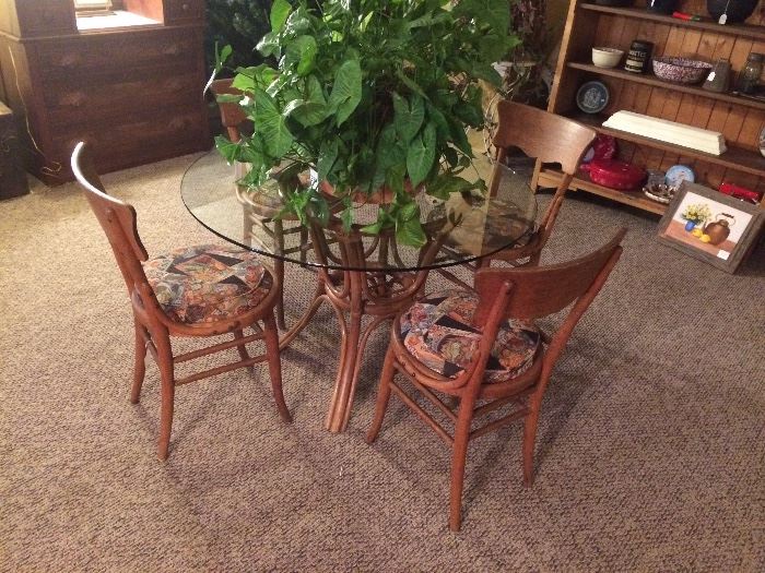 Glass and Bamboo Dining Table, 4 Oak Bentwood Chairs