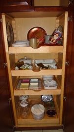 Like new kitchen casseroles, quiche dishes, tea servers, salad spinner, pottery pitchers and Hull bowl.  