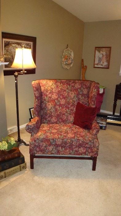 Lovely floral oversized chair with floor lamp which has an adjustable swing out arm.   