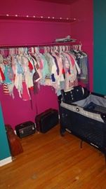 Infant toddler and young children's clothing.   3 suitcases.  Portable playpen with attachments (Graco).