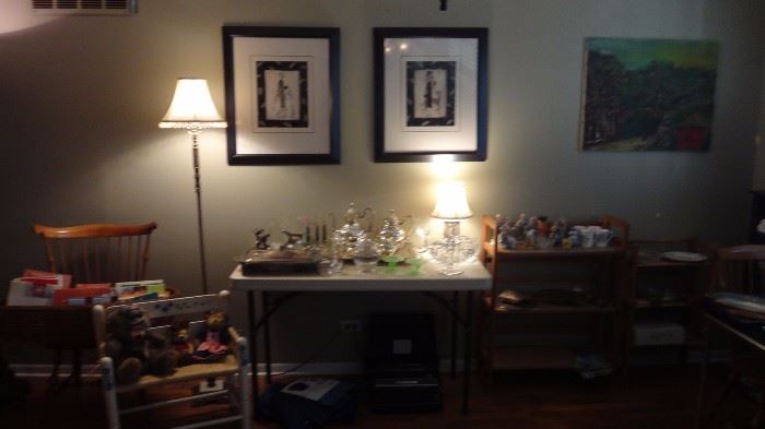 Two lovely greyhound dog pictures with fancy ladies.   Assorted lovely glassware, epergne, silver plate pieces, cut glass pieces.   Vintage electric typewriter. 