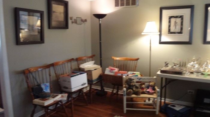 6 Matching Nichols & Stone Chairs, child's bench, silverplate serving set and boxes of cookbooks.  