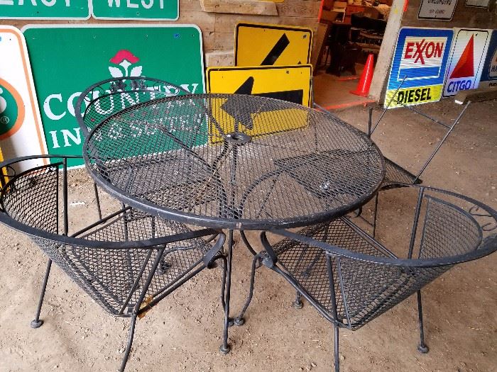 black patio set, table, 3 chairs ,2 small tables