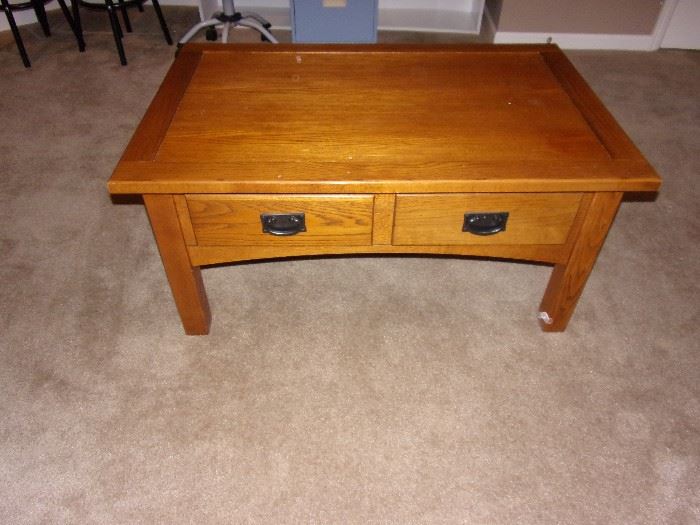 Mission style oak coffee table with two drawers and two end tables