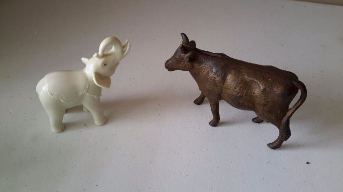 Lenox Elephant Figurine and Cast Iron Cow Bank
