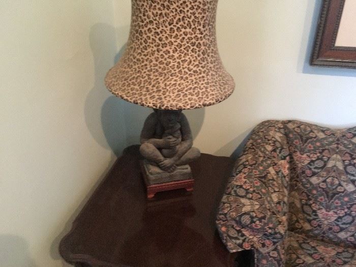 MONKEY LAMP WITH ANIMAL PRINT SHADE