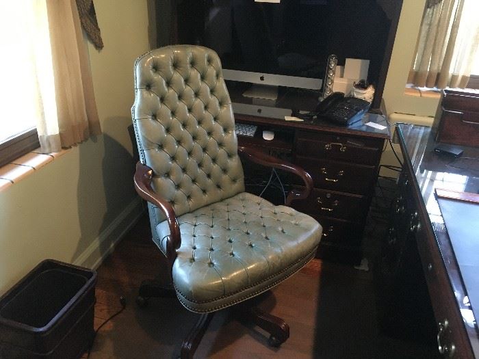 TUFTED LEATHER ETHAN ALLEN DESK CHAIR IN ROBINS EGG BLUE!