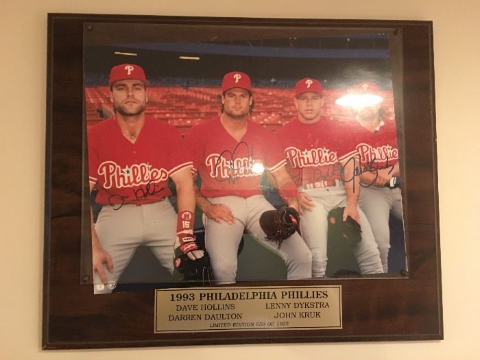AUTHENTICATED PHOTO AND SIGNATURES OF 1993 PHILLIES: DAVE ROLLINS,DARREN DAULTON,LENNY DYKSTRA AND JOHN KRUK