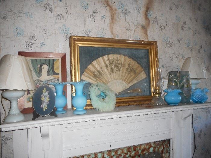 Early Fenton, Framed Fan, Antique lamp.