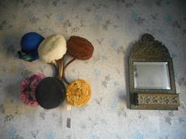 Hat Rack, Vintage hats, Brass Wall Shelf with Bevel Mirror.