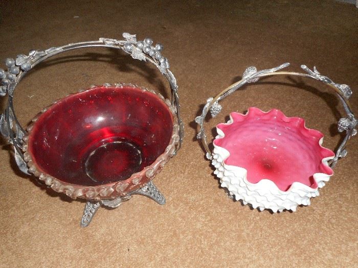 Cranberry and Pink Cased Hobnail Bride's Baskets.