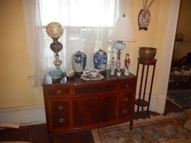 Banquet lamps, Grand Rapids MI Irwin Credenza, Oriental Vases, plant stands.