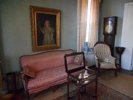 French Sofa, Glass Display Table, Oil portrait in Antique Frame