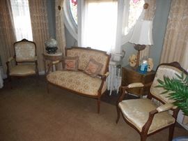 Love seat, Silk Upholstered Parlor Chairs, French Chest, Marble Top Oval Table, Majolica Vases