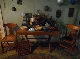 Kitchen Work Table, Chocolate Molds, Cast Iron, Round Braided Rug