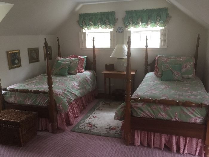 Antique Twin Size Beds and Fabulous Custom Toile Bed Coverings