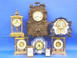 Atmos clocks, Waterbury, Crystal Regulator, Ansonia "Rustic", Porcelain, and Carriage clocks