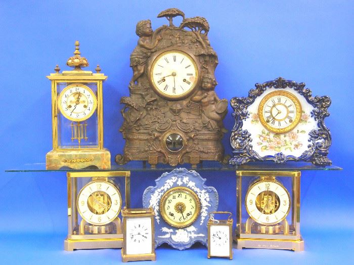  Atmos clocks, Waterbury, Crystal Regulator,  Ansonia "Rustic",  Porcelain, and Carriage clocks