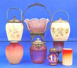 Cranberry biscuit barrel , Amberina tumbler and Peachblow vase
