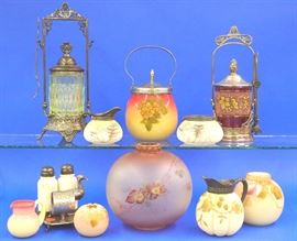 Pickle castors, biscuit barrel, Mt. Washington art glass
