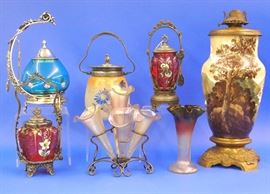 Signed Baccarat oil lamp, pickle castors, Epergne