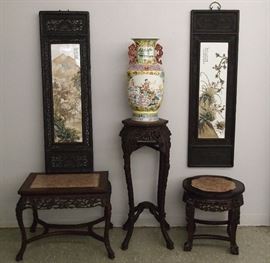 Carved Chinese hardwood tables and porcelain plaques
