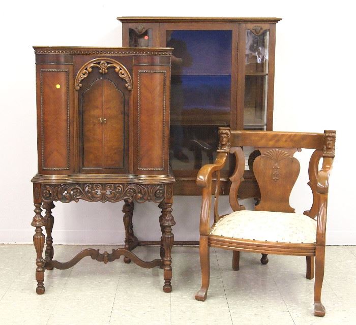 Oak china cabinet, walnut cabinet, carved mahogany chair