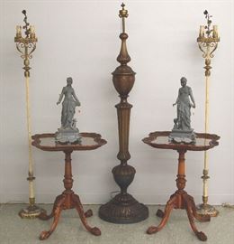Carved floor lamp, mahogany end tables, Pr. Torchers