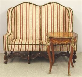 High back carved oak settee, Marquetry parlor table