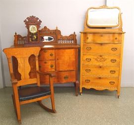 Oak sideboard, oak high chest and rocker