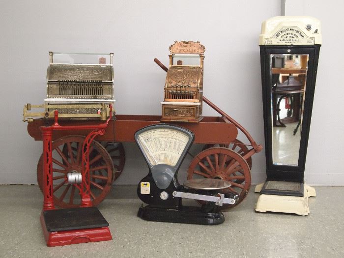 National cash register # 216 and #332, penny scale, wagon, Toledo scale