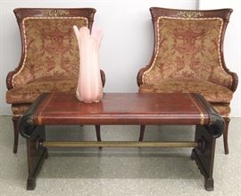 Pr. mahogany armchairs and leather top coffee table