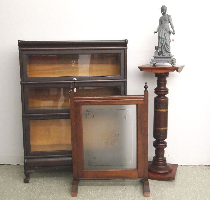 Stacking bookcase, oak fire screen, pedestal