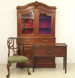 China cabinet, walnut cabinet, carved mahogany chair