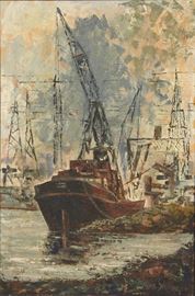 20th century "Ship in Port", oil on canvas by Max Shaye