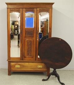 Walnut wardrobe, mahogany tea table