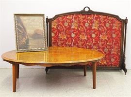 Mahogany fire screen, inlaid walnut coffee table