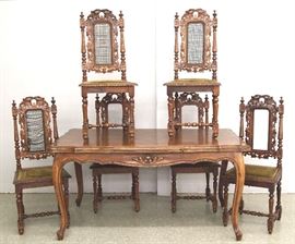 French oak dining table and 6 carved chairs