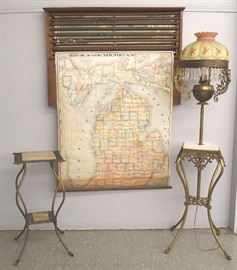  Johnson edition wall mounted map box w/8 maps  (copyright 1912), brass organ lamp
