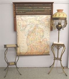 Johnson edition wall mounted map box w/8 maps (copyright 1912), brass organ lamp