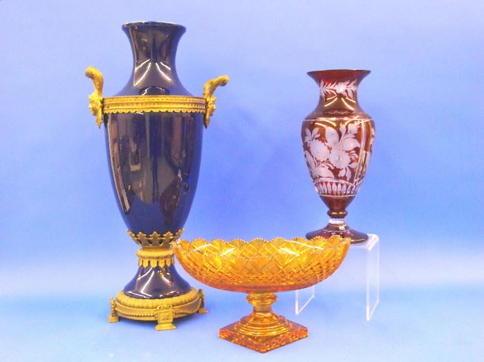 Blue porcelain bronze mounted vase, Bohemian vase, amber footed compote