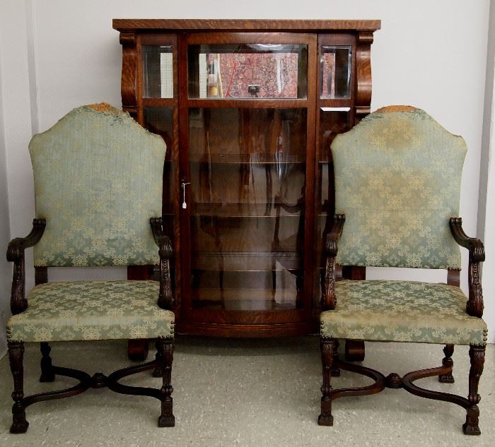 Oak china cabinet and Pr. of carved walnut armchairs