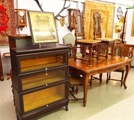 Bookcase, French table and chairs