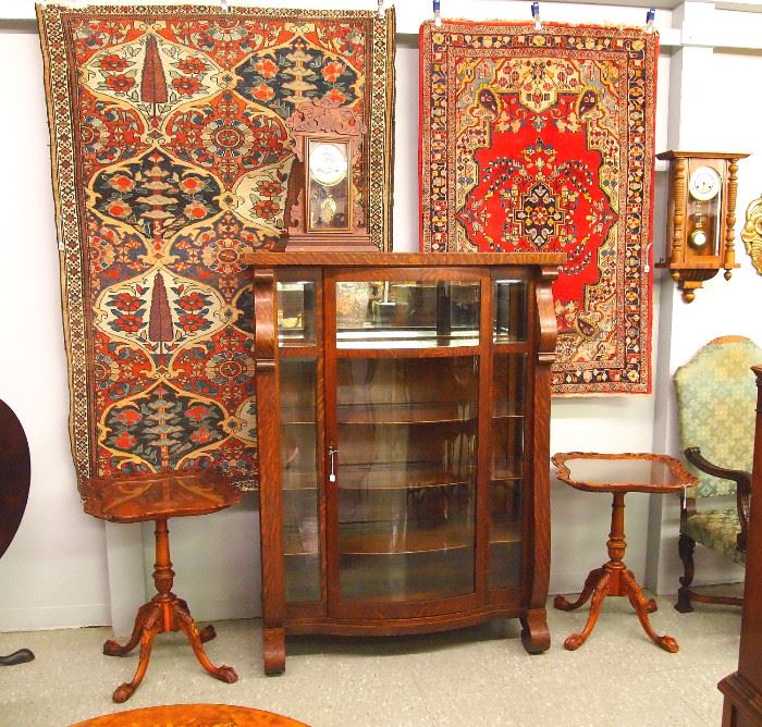 Rugs, tables, oak china cabinet and clocks