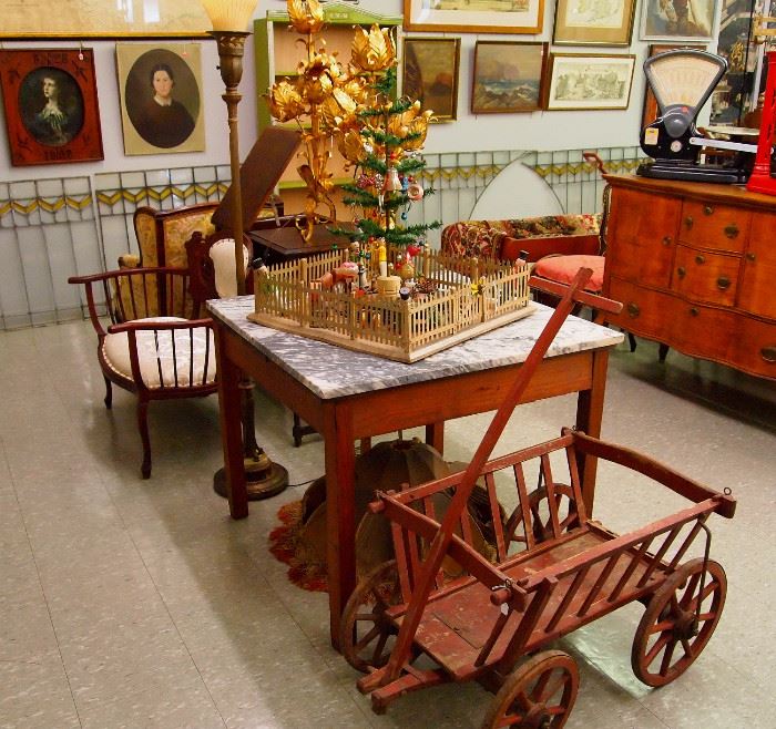 Wagon, table, toys and Christmas tree